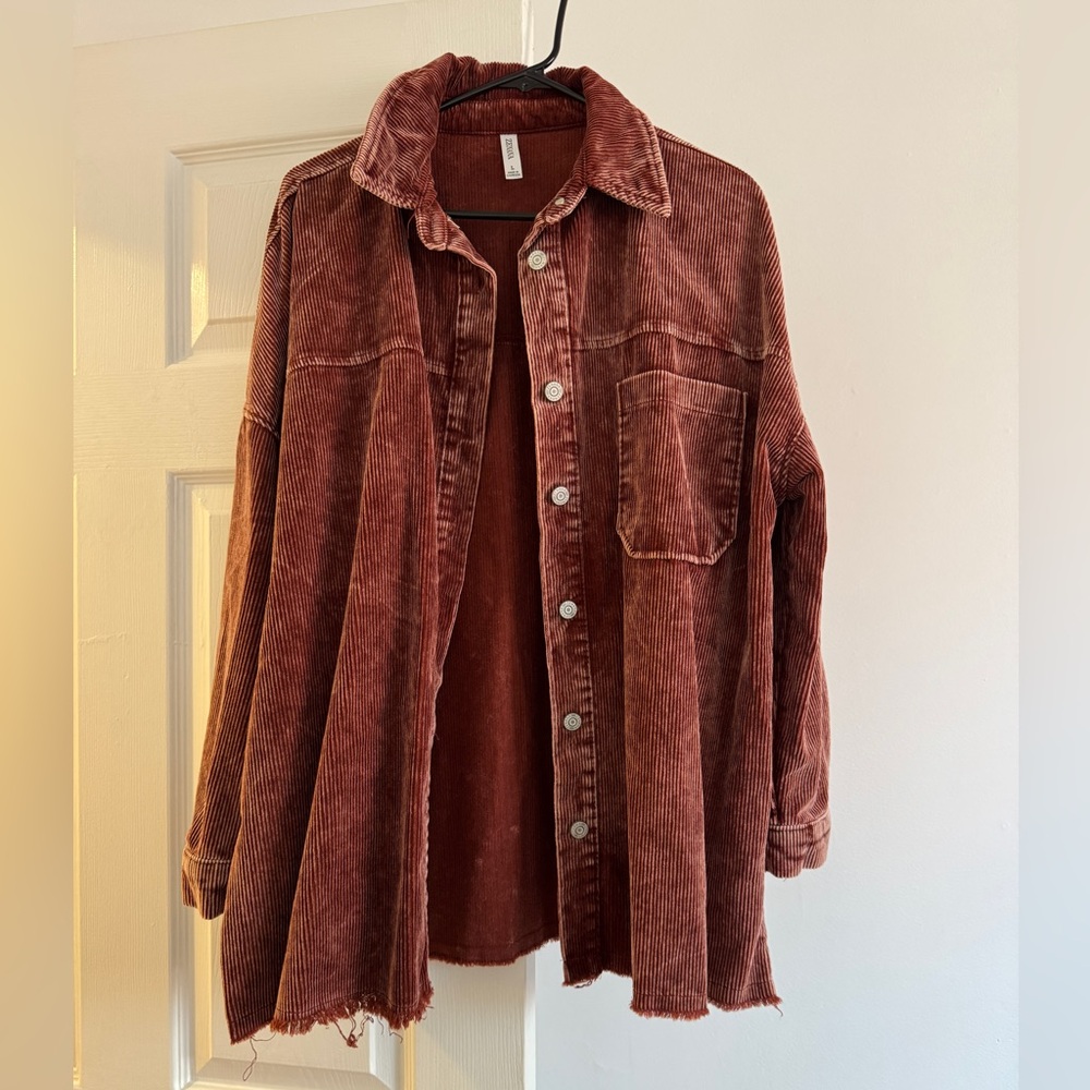 Zenana Outfitters Oversized Corduroy Shacket in Rustic Brown